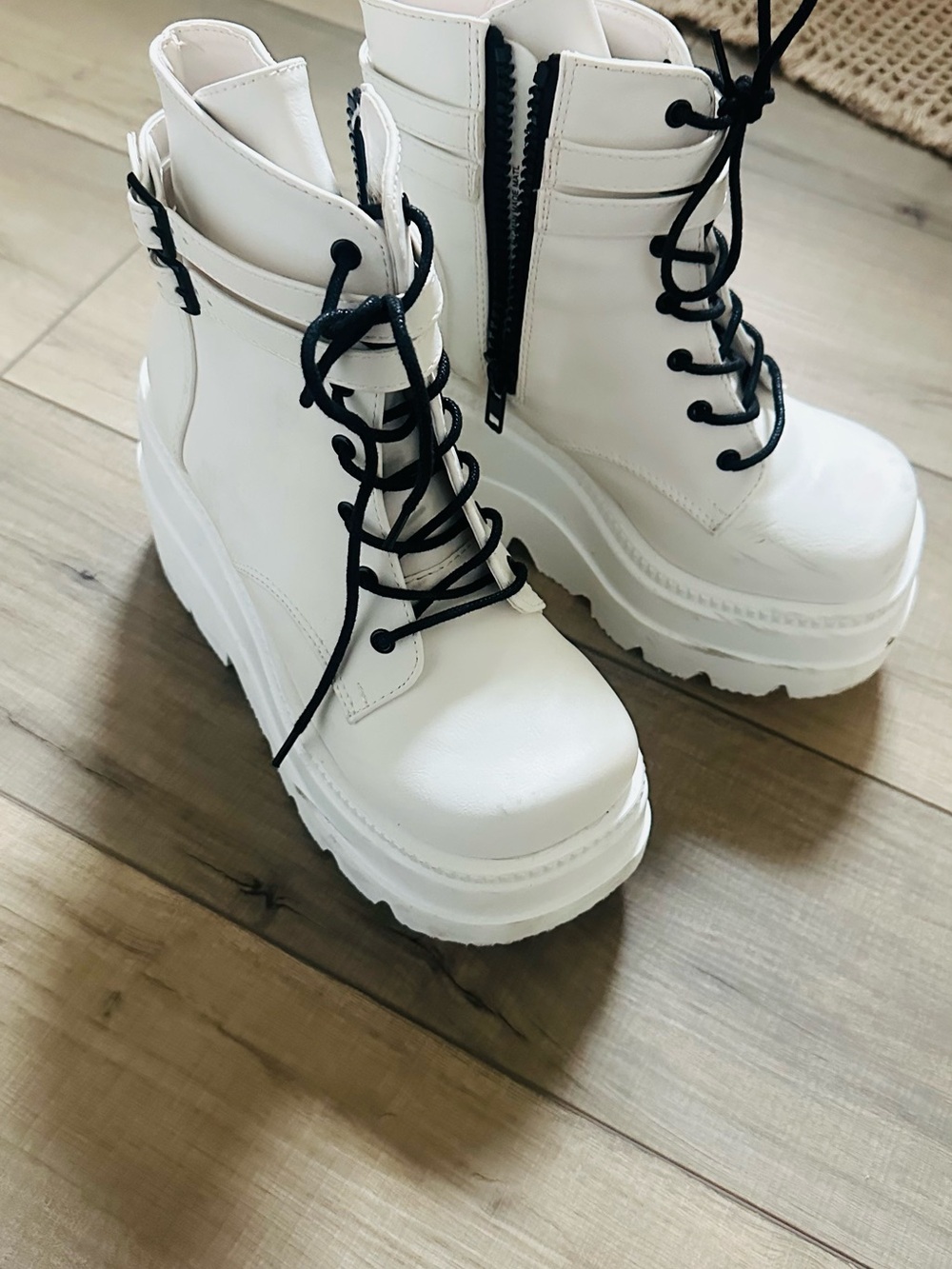 Demonia White Platform Lace-Up Combat Boots with Black Laces